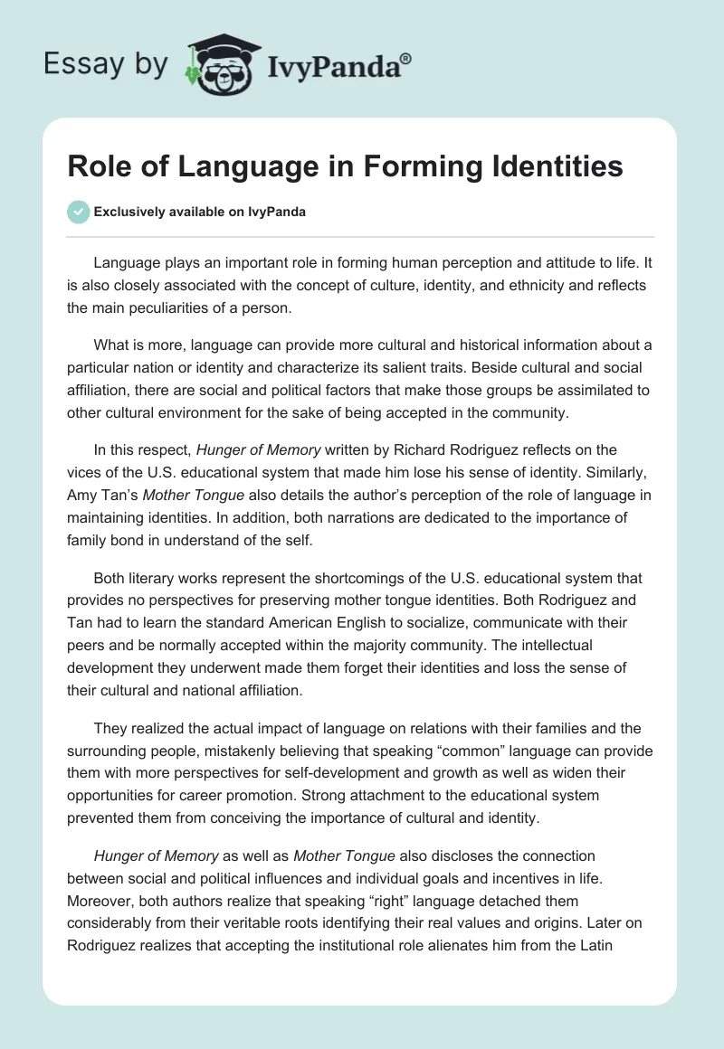 Role of Language in Forming Identities. Page 1