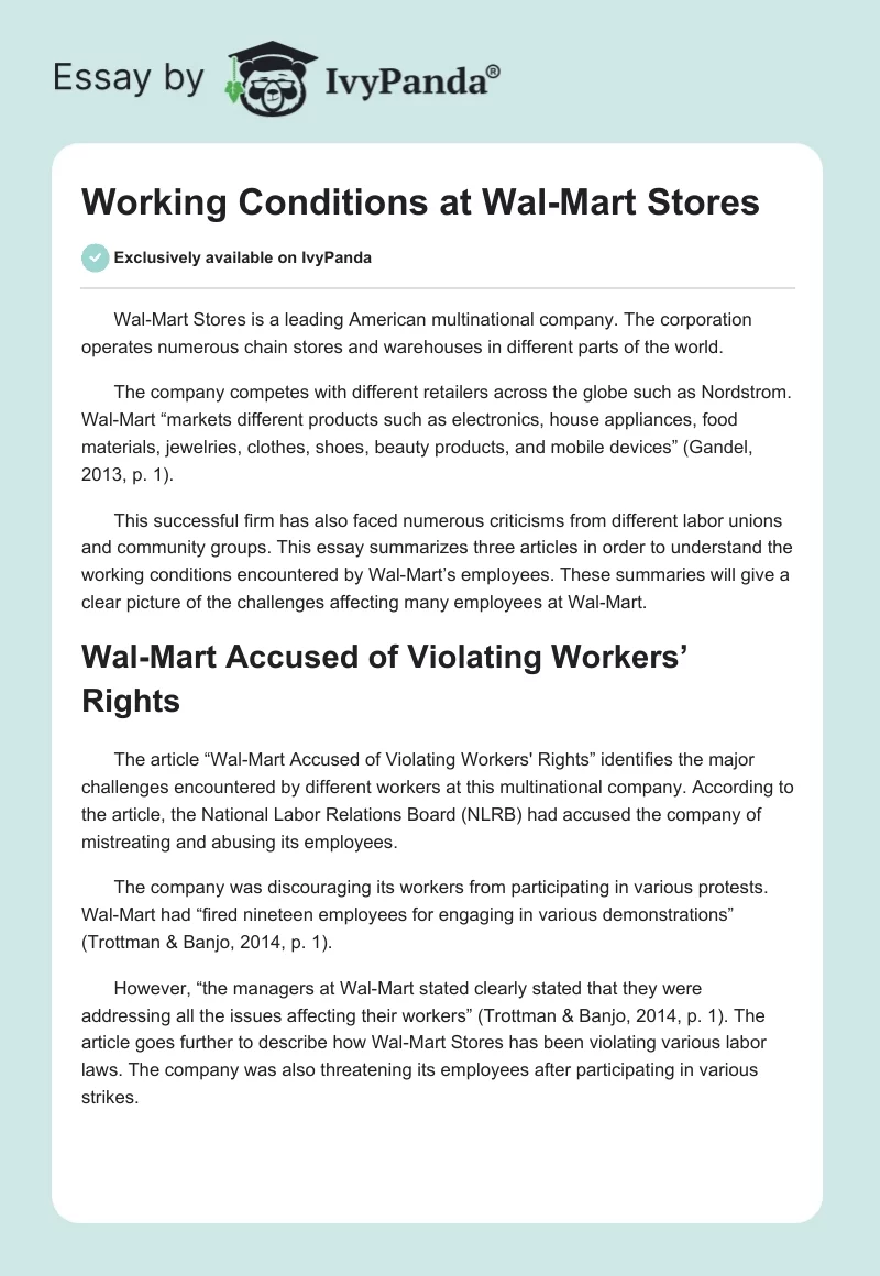 Working Conditions at Wal-Mart Stores. Page 1