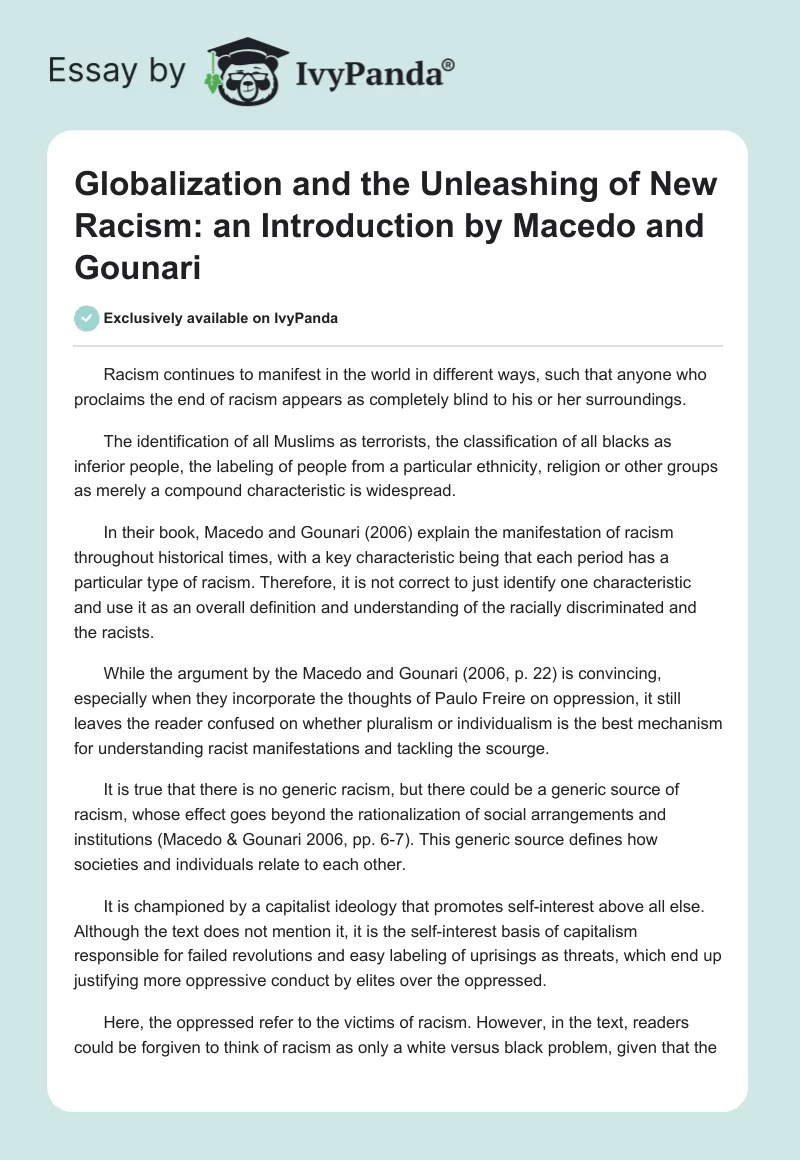 "Globalization and the Unleashing of New Racism: an Introduction" by Macedo and Gounari. Page 1