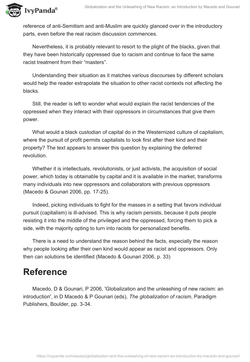 "Globalization and the Unleashing of New Racism: an Introduction" by Macedo and Gounari. Page 2