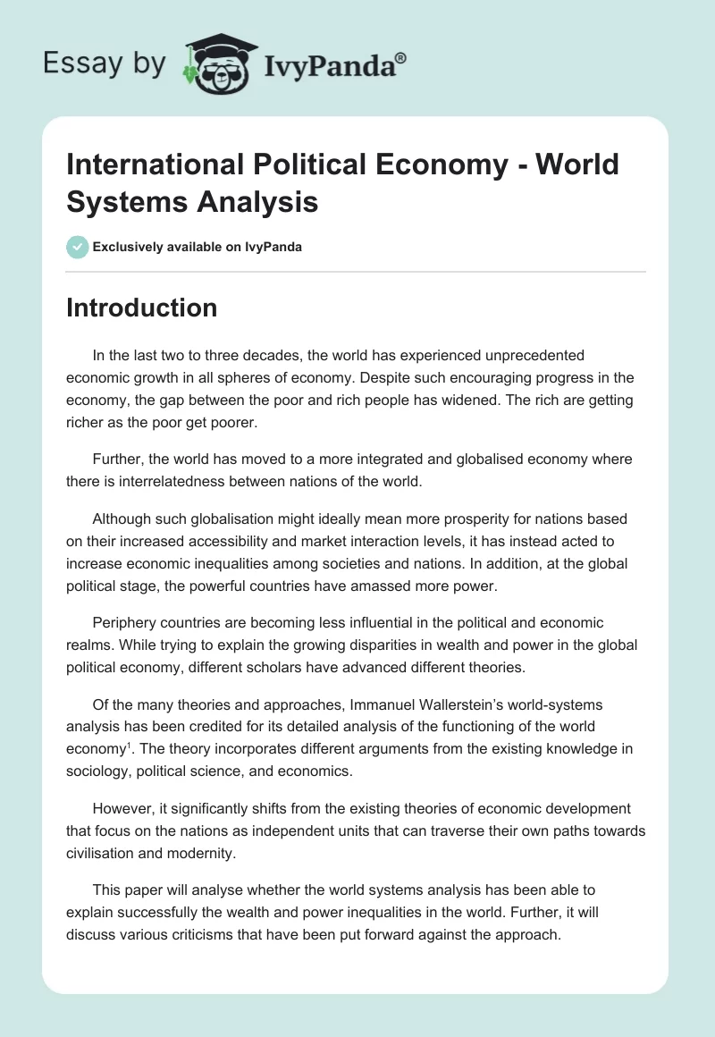 International Political Economy - World Systems Analysis. Page 1