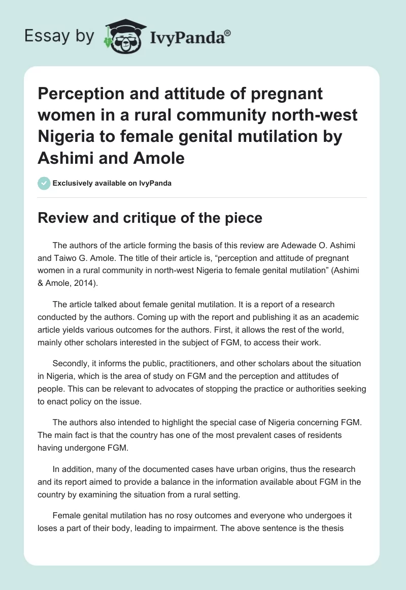 "Perception and attitude of pregnant women in a rural community north-west Nigeria to female genital mutilation" by Ashimi and Amole. Page 1