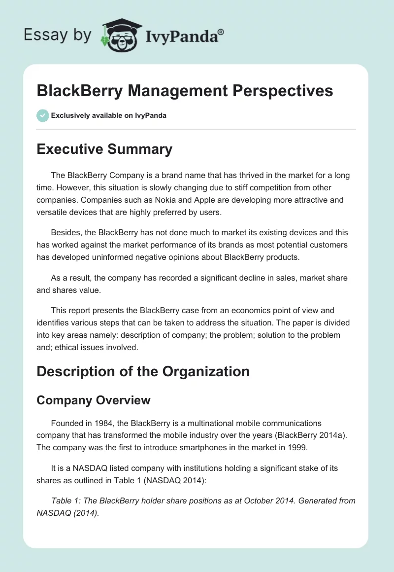 BlackBerry Management Perspectives. Page 1