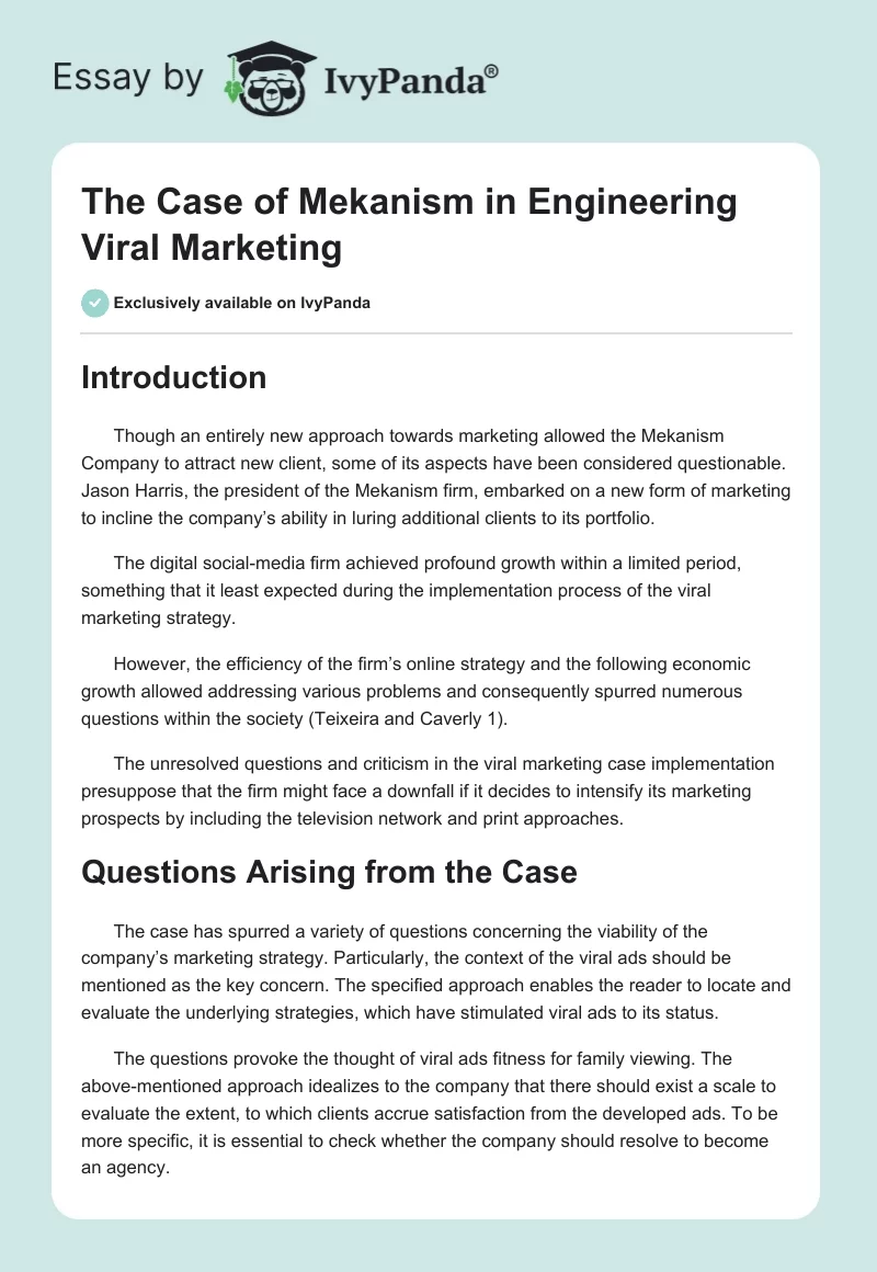 The Case of Mekanism in Engineering Viral Marketing. Page 1
