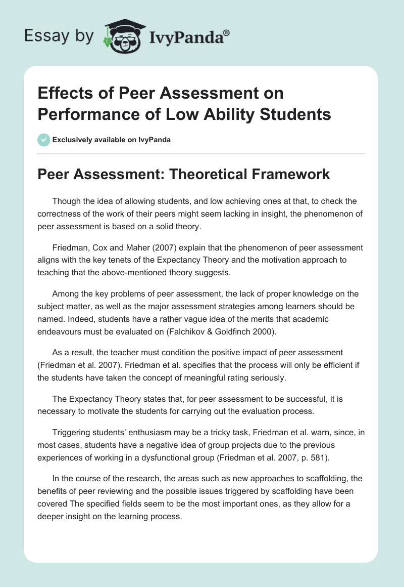Effects of Peer Assessment on Performance of Low Ability Students. Page 1