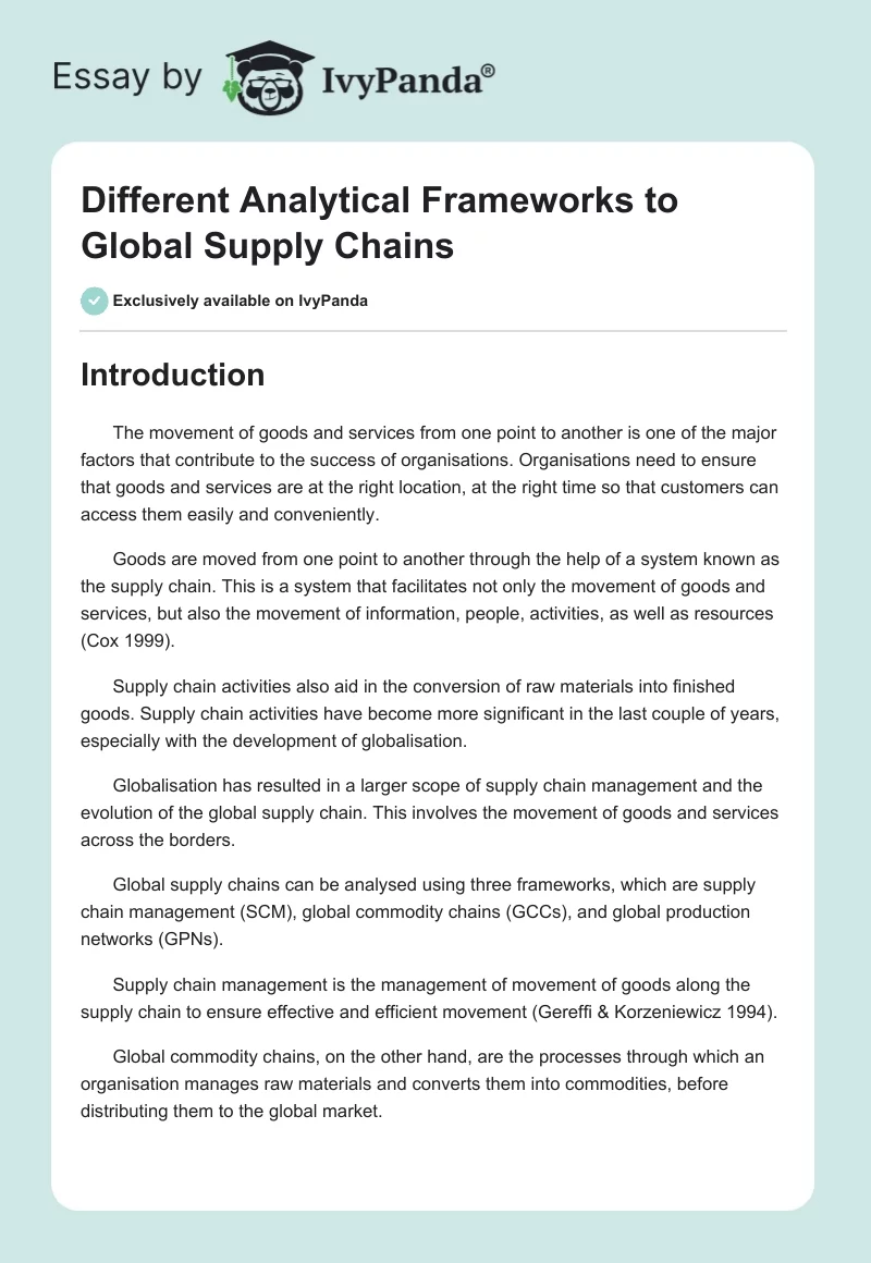 Different Analytical Frameworks to Global Supply Chains. Page 1