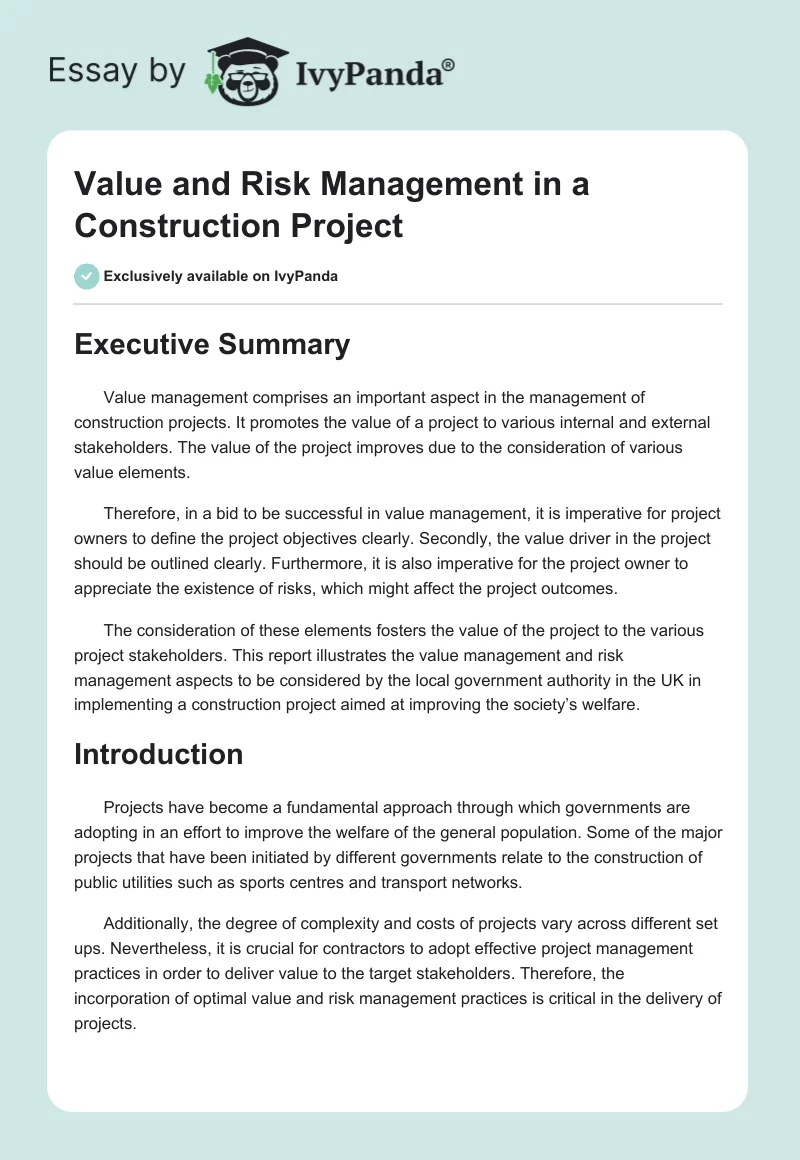 Value and Risk Management in a Construction Project. Page 1