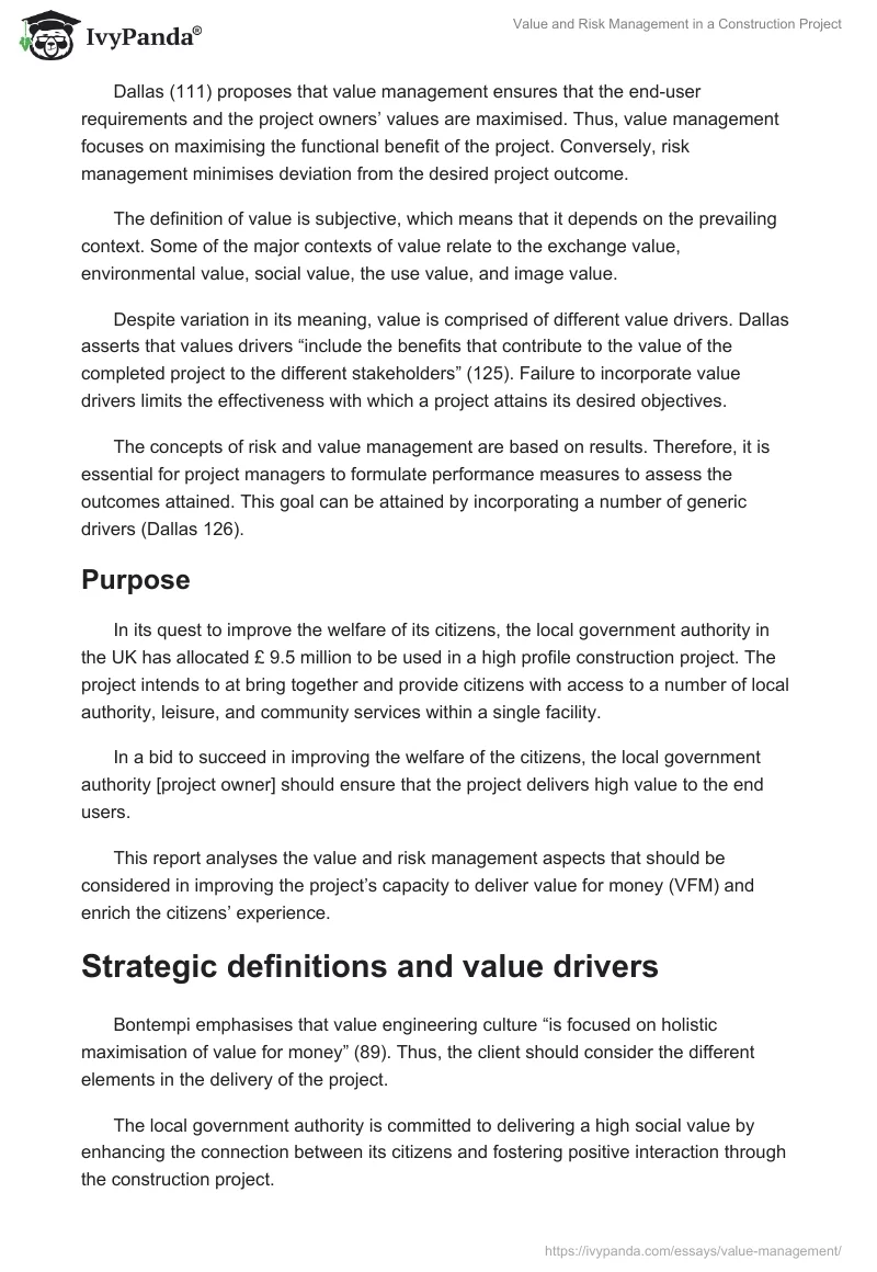 Value and Risk Management in a Construction Project. Page 2