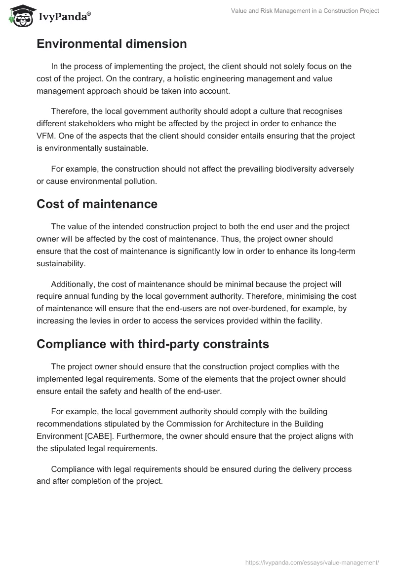 Value and Risk Management in a Construction Project. Page 4