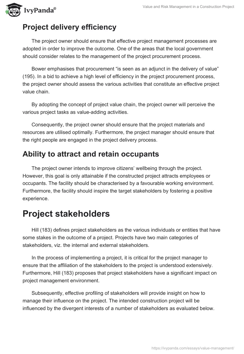 Value and Risk Management in a Construction Project. Page 5