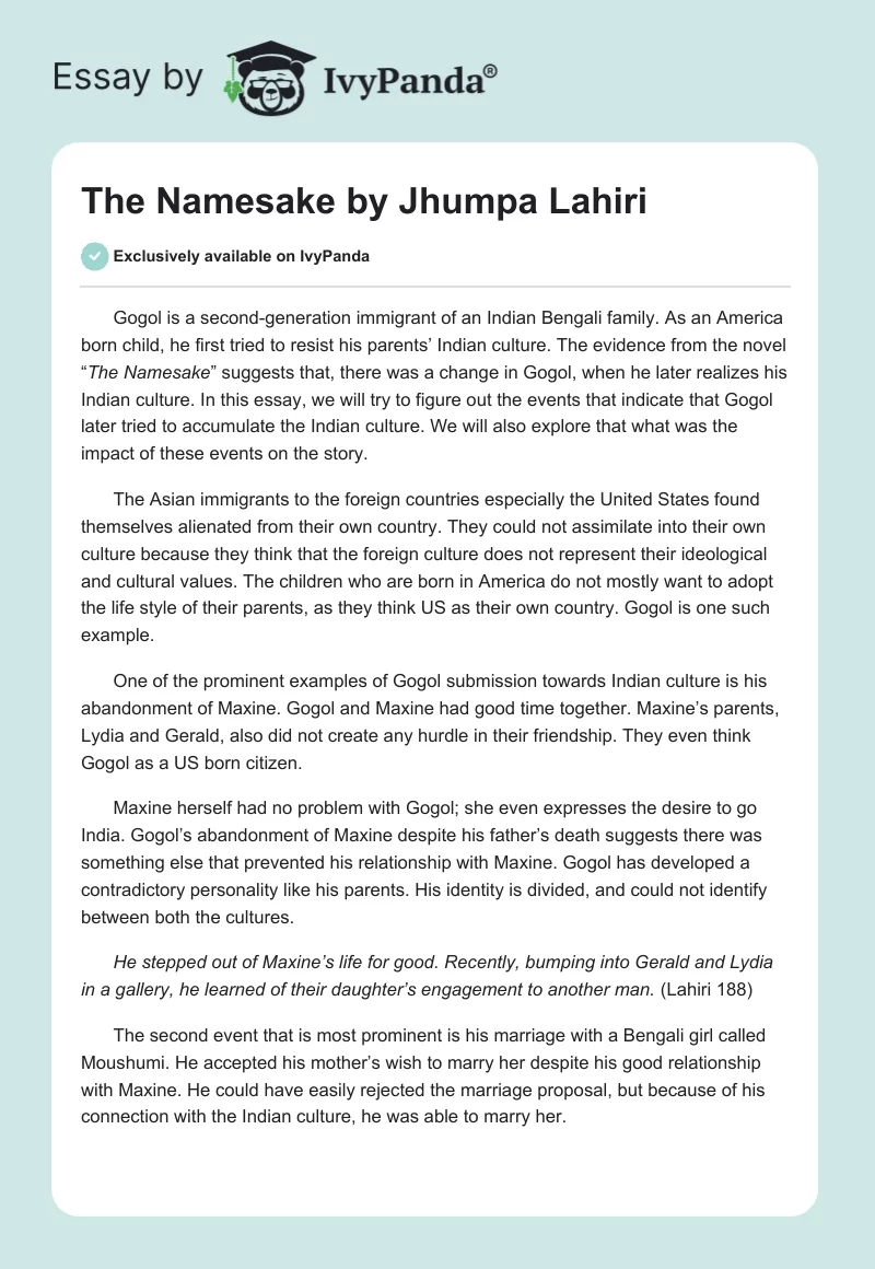 "The Namesake" by Jhumpa Lahiri. Page 1