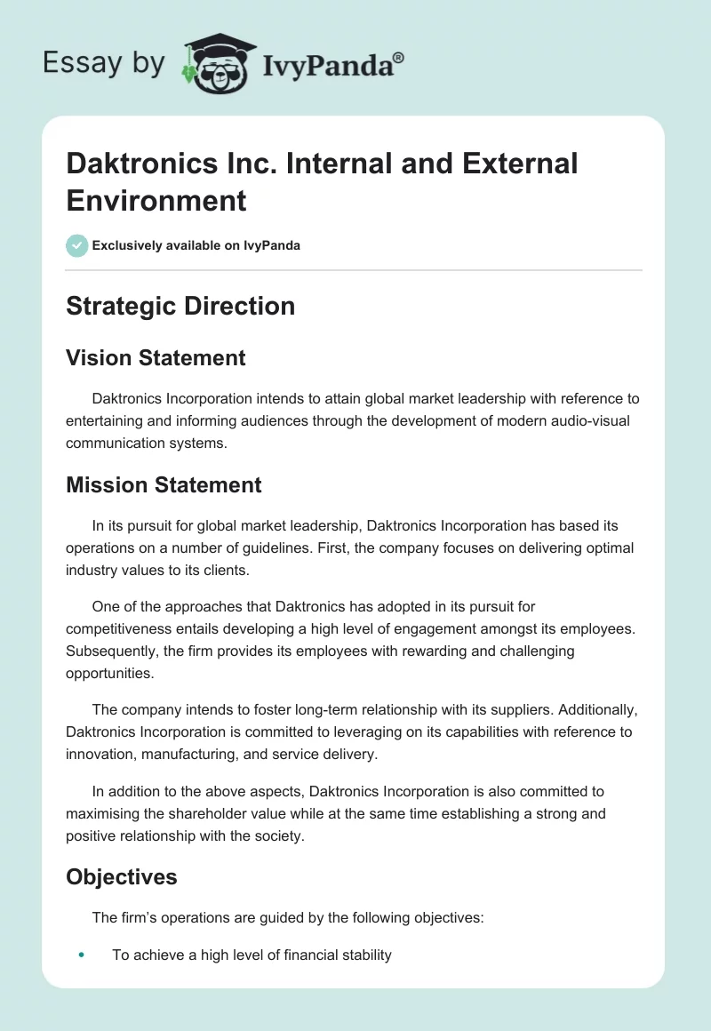 Daktronics Inc. Internal and External Environment. Page 1