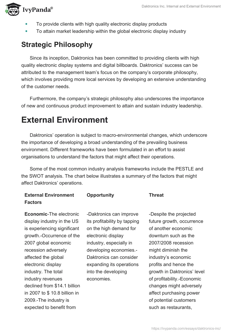 Daktronics Inc. Internal and External Environment. Page 2