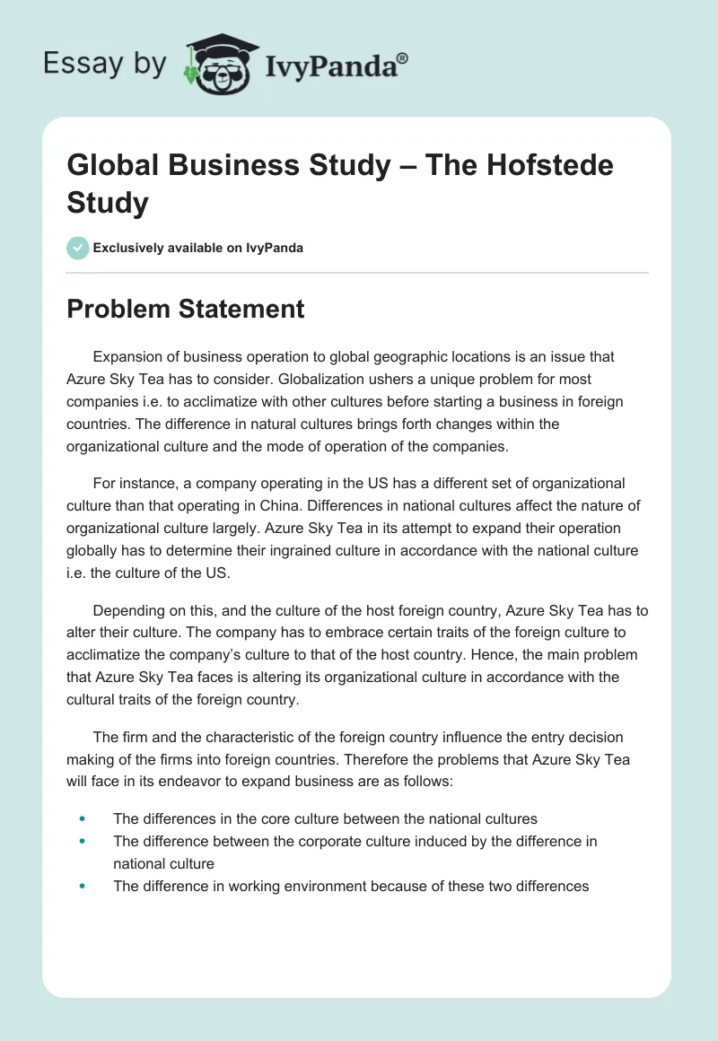 Global Business Study – The Hofstede Study. Page 1