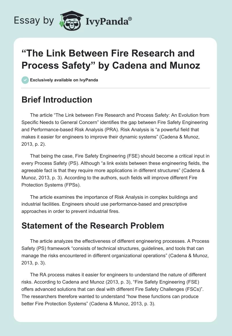 “The Link Between Fire Research and Process Safety” by Cadena and Munoz. Page 1