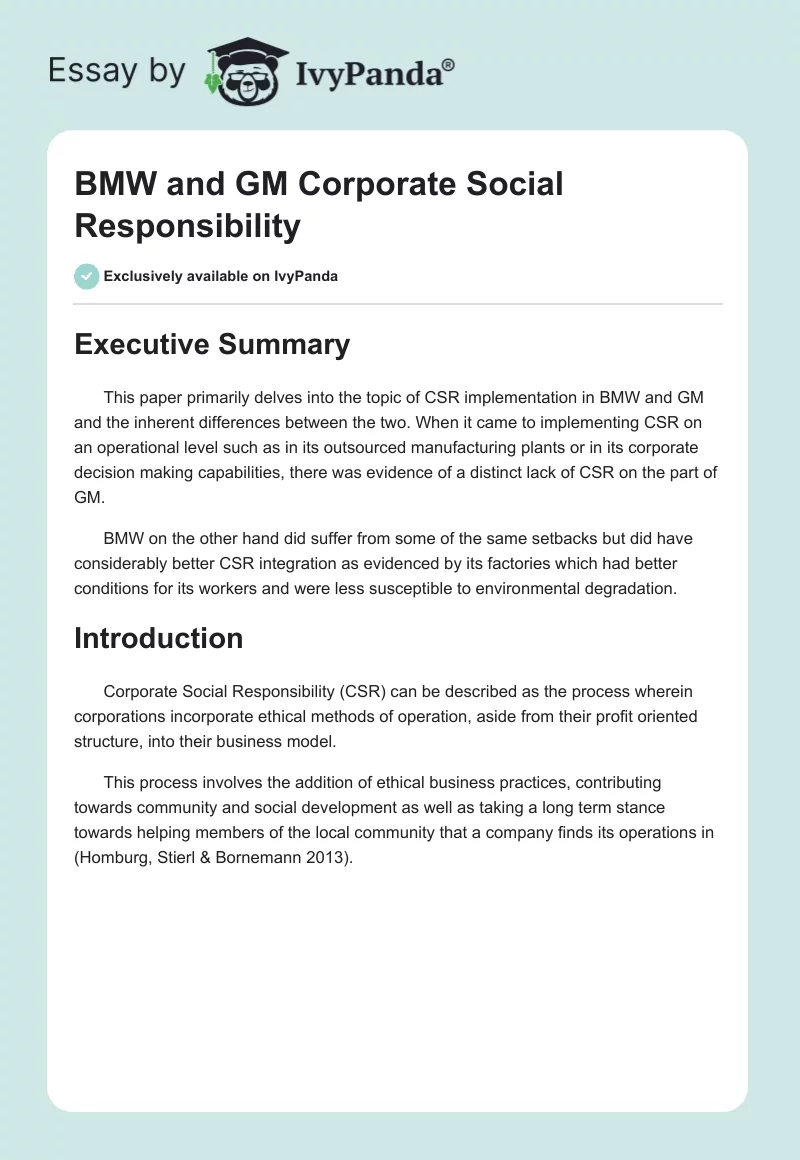 BMW and GM Corporate Social Responsibility. Page 1
