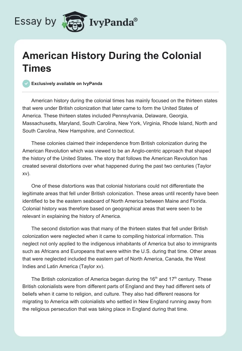 American History During the Colonial Times. Page 1