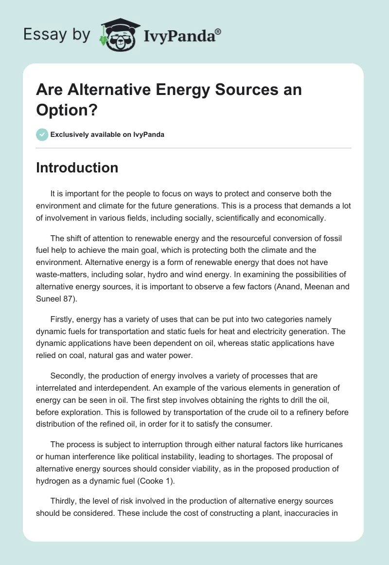 Are Alternative Energy Sources an Option?. Page 1