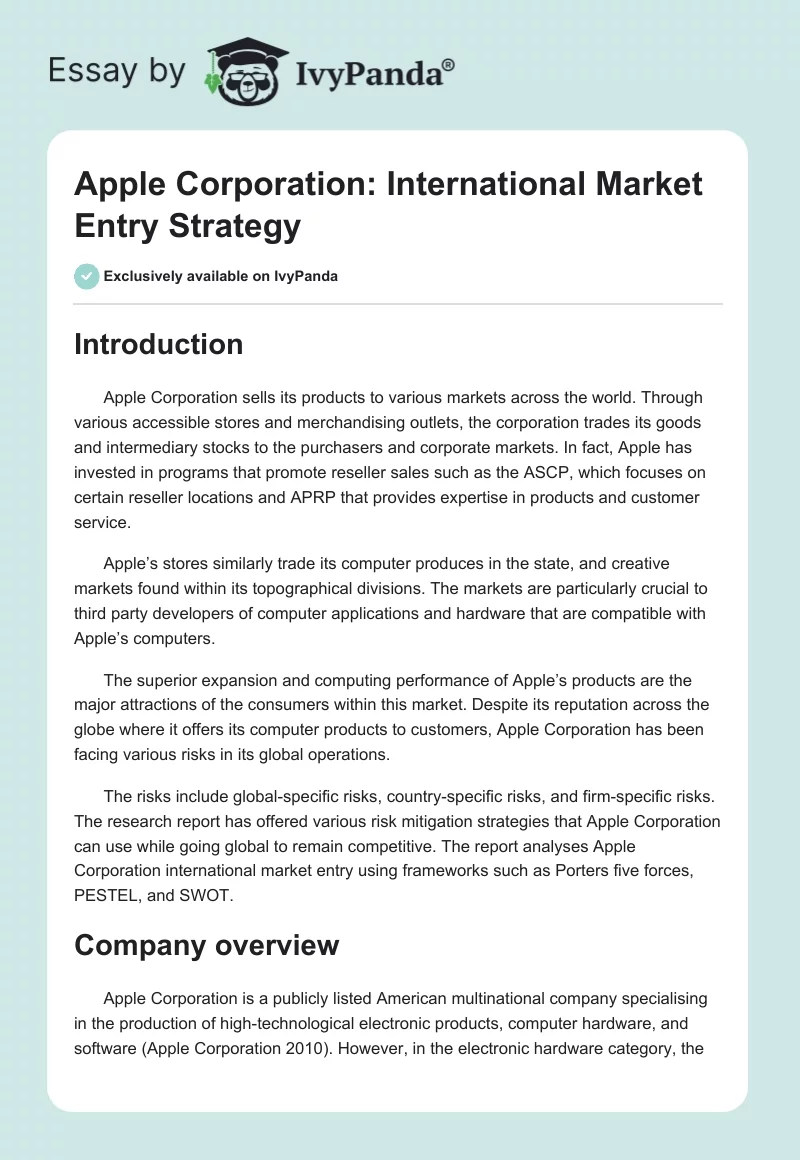 Apple's Mode of Entry Into Foreign Markets: Coursework. Page 1