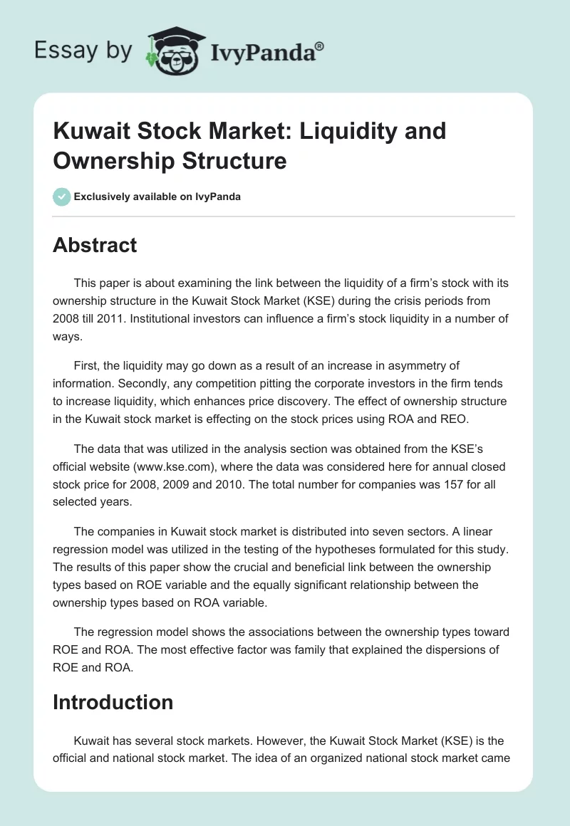 Kuwait Stock Market: Liquidity and Ownership Structure. Page 1