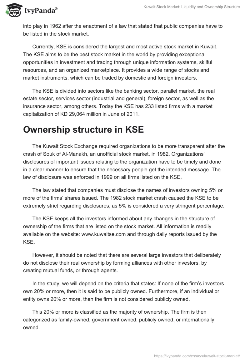 Kuwait Stock Market: Liquidity and Ownership Structure. Page 2