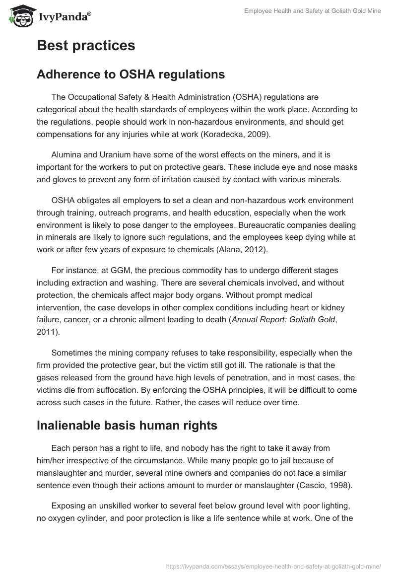 Employee Health and Safety at Goliath Gold Mine. Page 2