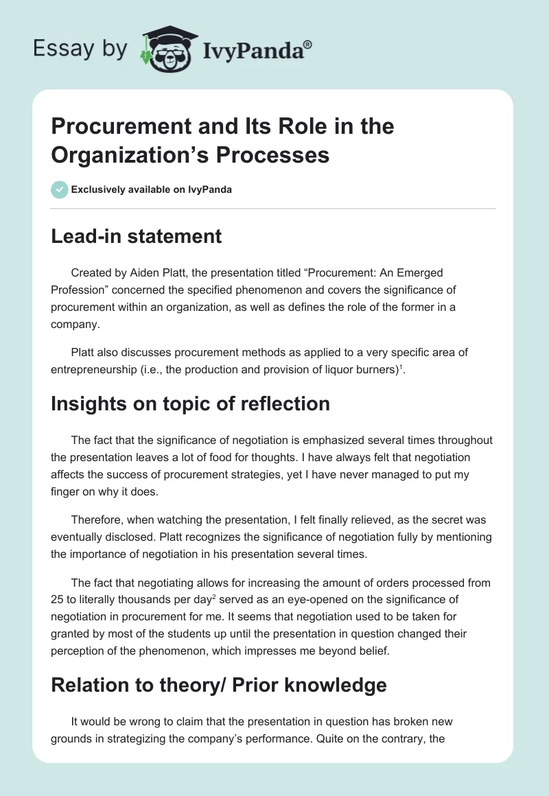 Procurement and Its Role in the Organization’s Processes. Page 1