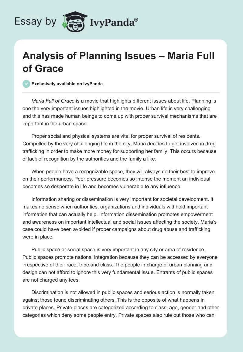 Analysis of Planning Issues – Maria Full of Grace. Page 1