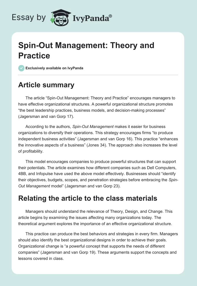 Spin-Out Management: Theory and Practice. Page 1
