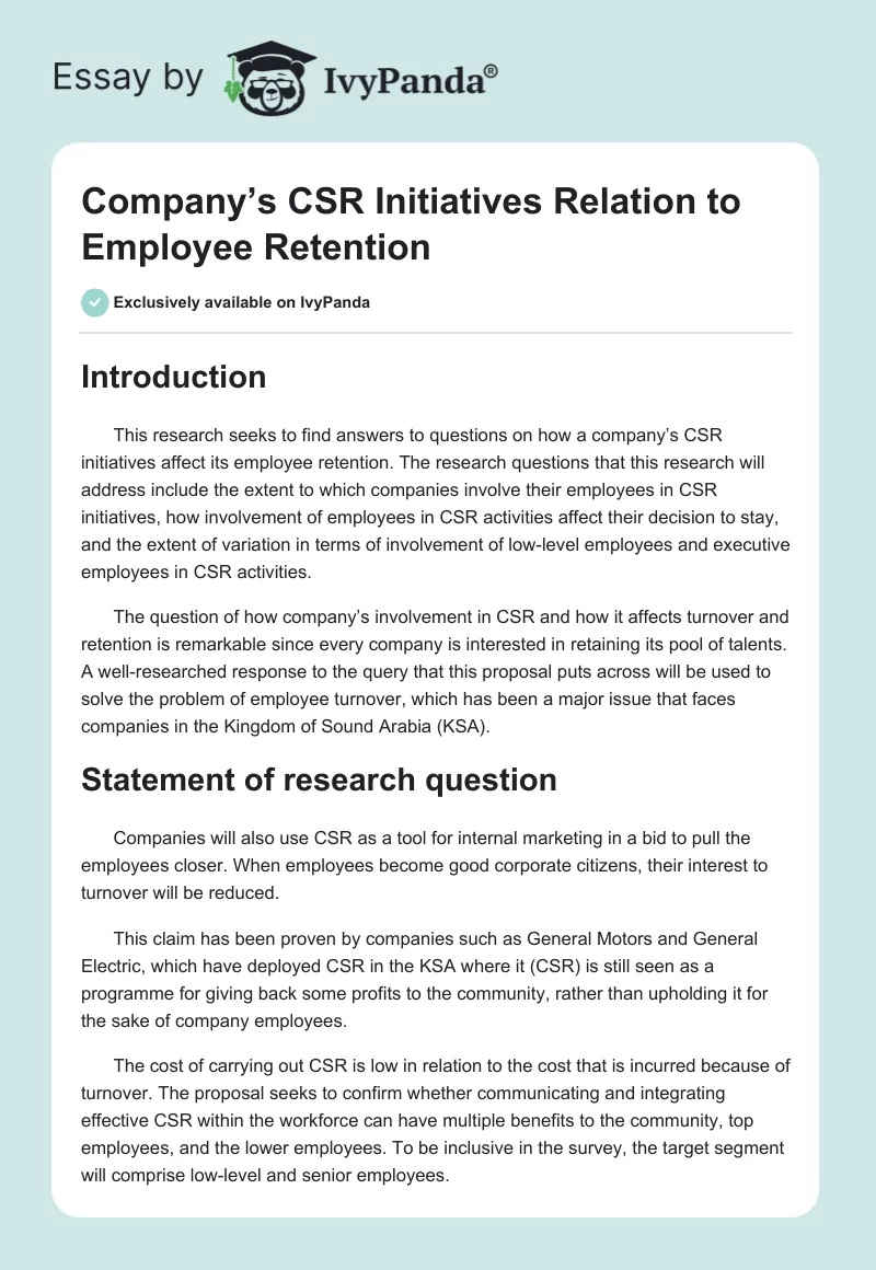 Company’s CSR Initiatives Relation to Employee Retention. Page 1