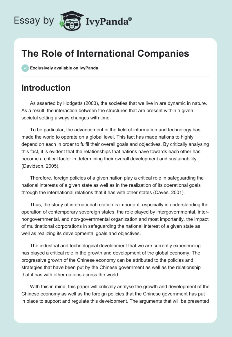 The Role of International Companies. Page 1