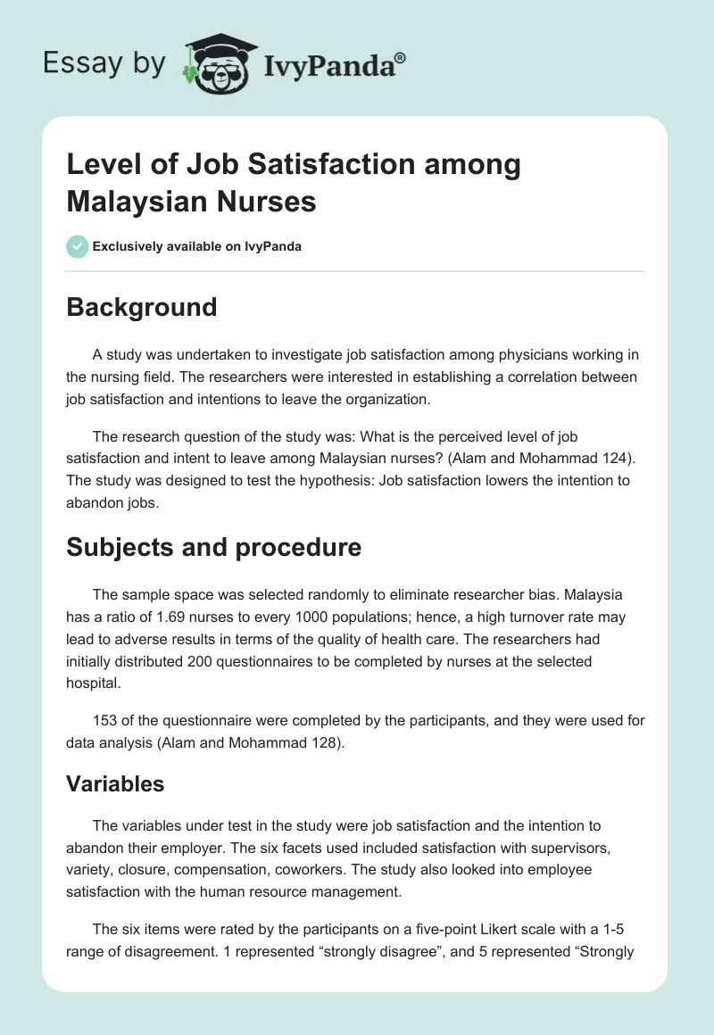 Level of Job Satisfaction among Malaysian Nurses. Page 1