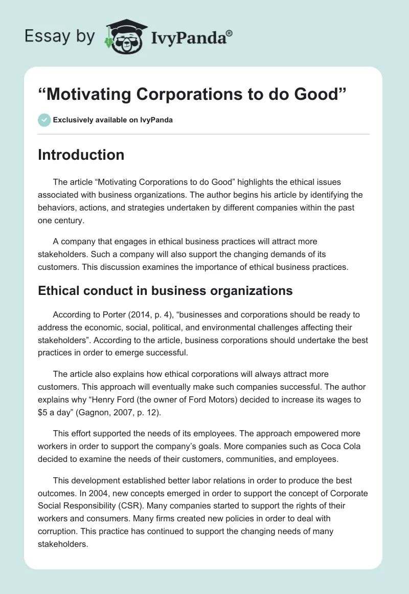 “Motivating Corporations to do Good”. Page 1