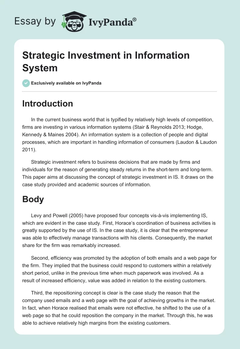 Strategic Investment in Information System. Page 1