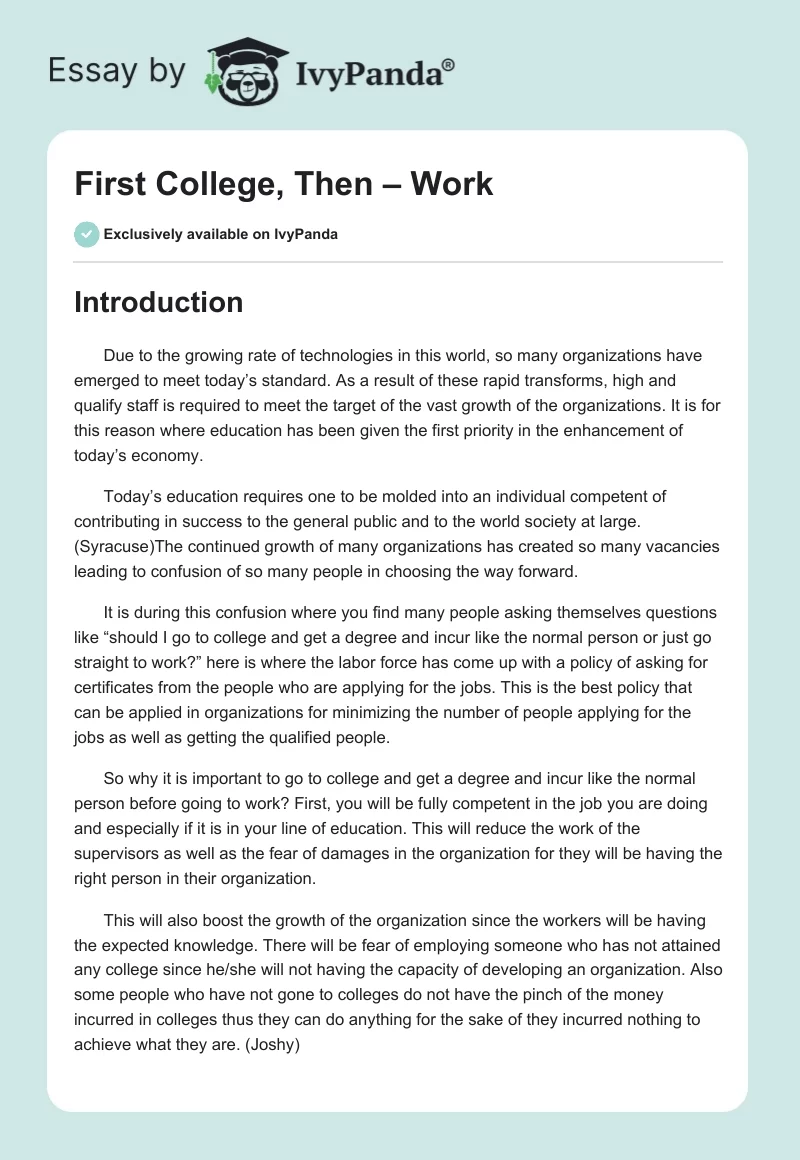 First College, Then – Work. Page 1