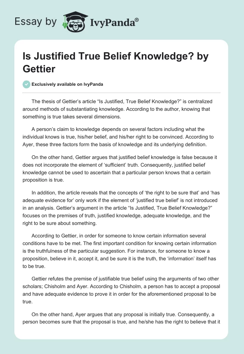 "Is Justified True Belief Knowledge?" by Gettier. Page 1