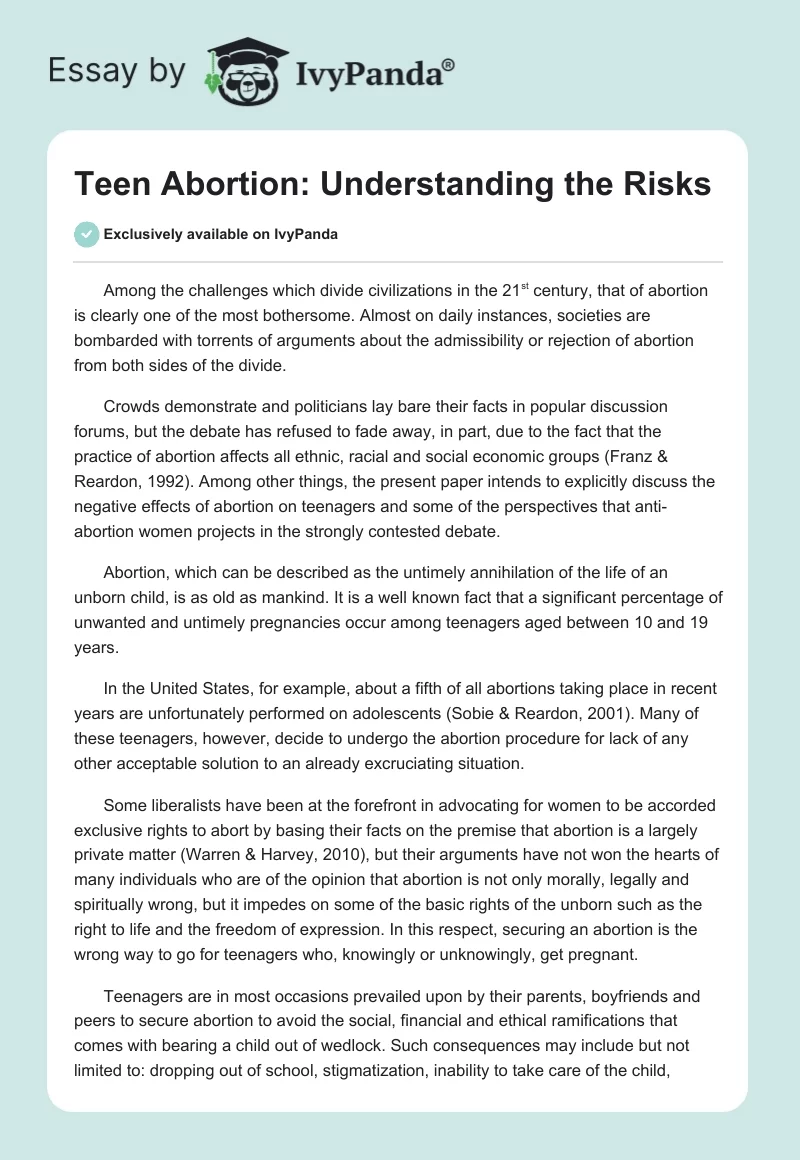 Teen Abortion: Understanding the Risks. Page 1