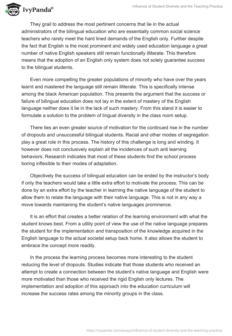 Influence of Student Diversity and the Teaching Practice. Page 4