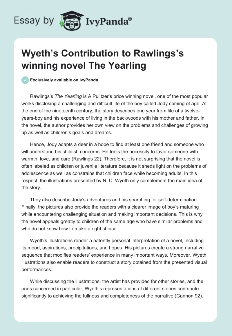 Wyeth’s Contribution to Rawlings’s winning novel The Yearling. Page 1