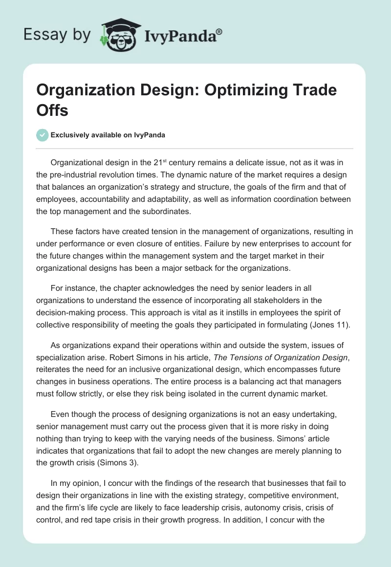 Organization Design: Optimizing Trade Offs. Page 1