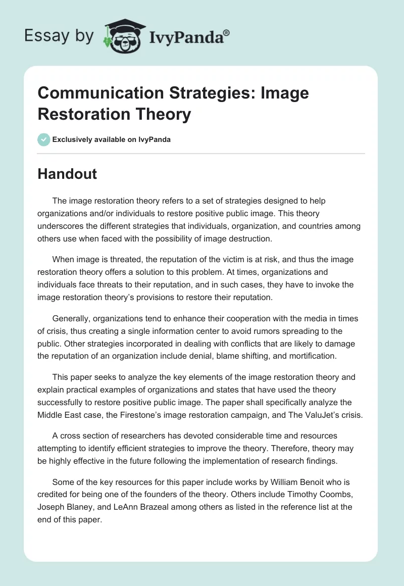 Communication Strategies: Image Restoration Theory. Page 1