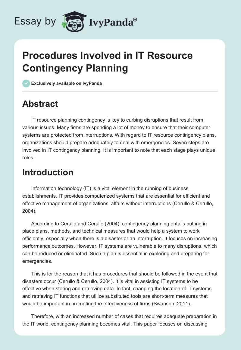 Procedures Involved in IT Resource Contingency Planning. Page 1
