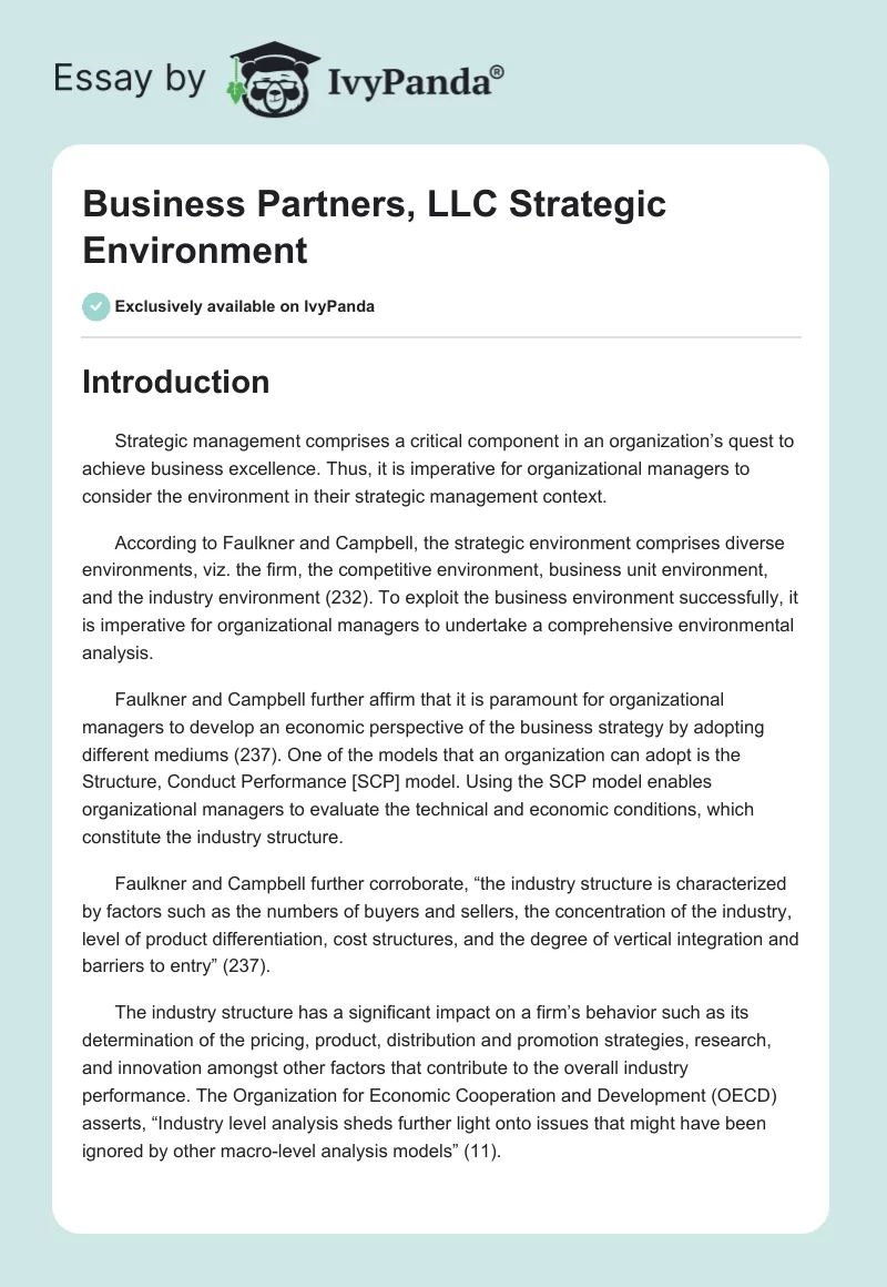 Business Partners, LLC Strategic Environment. Page 1