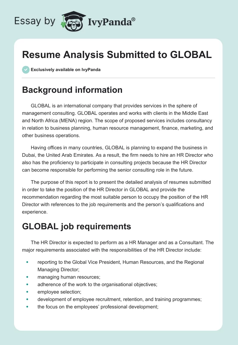 Resume Analysis Submitted to GLOBAL. Page 1