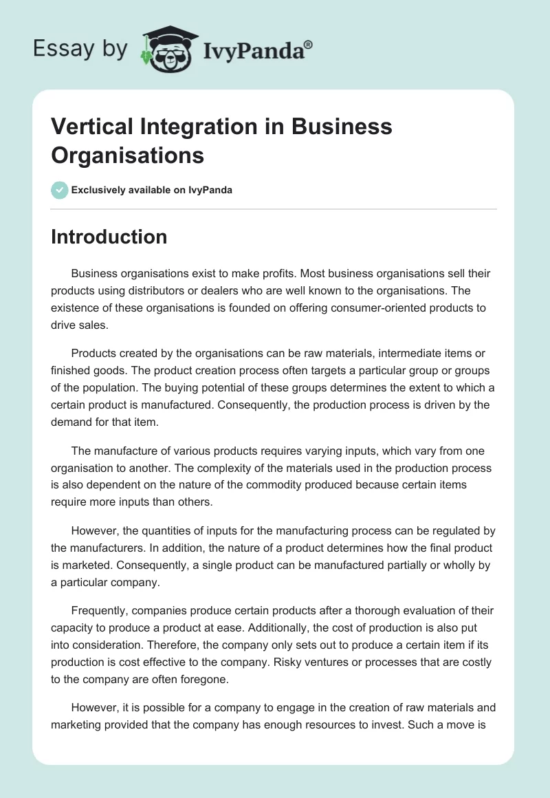 Vertical Integration in Business Organisations. Page 1