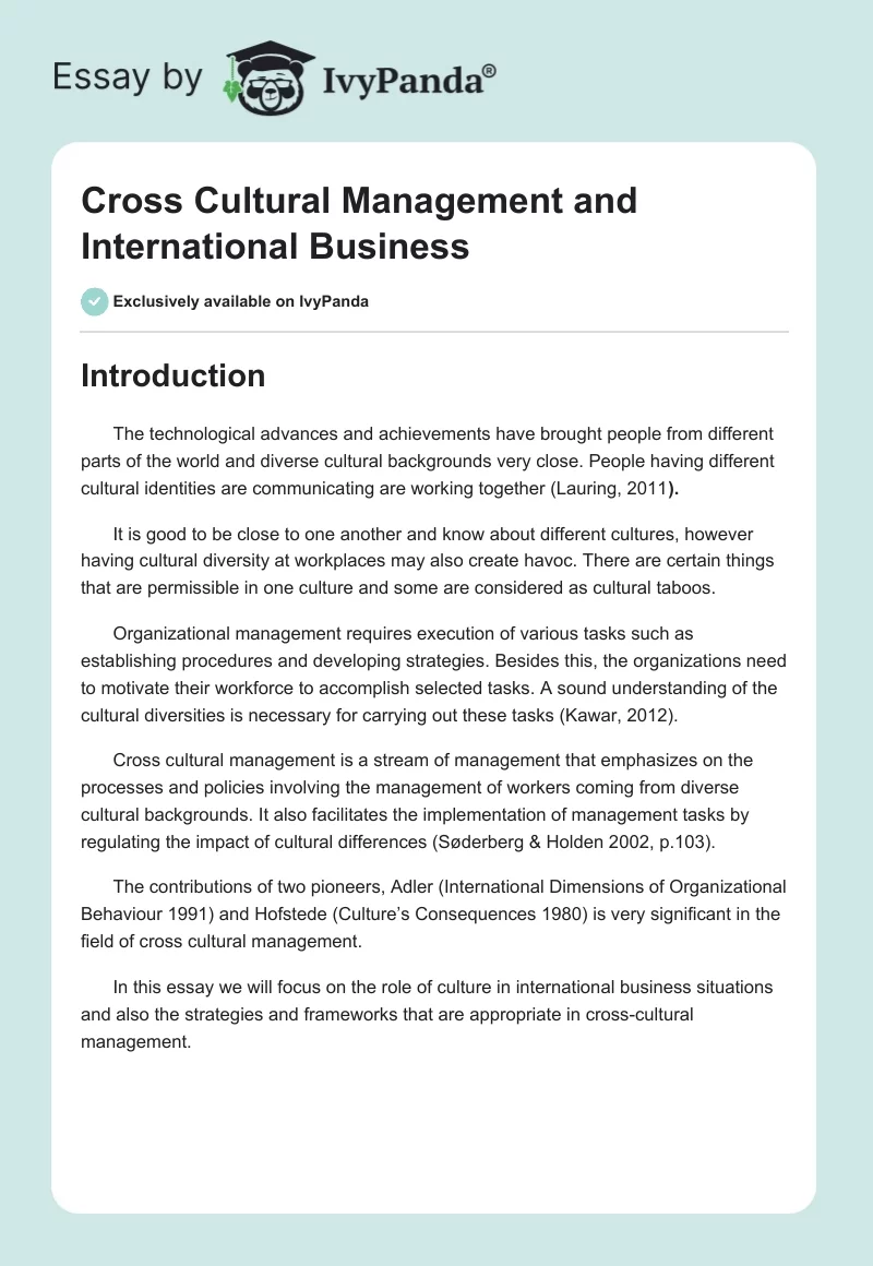 Cross Cultural Management and International Business. Page 1