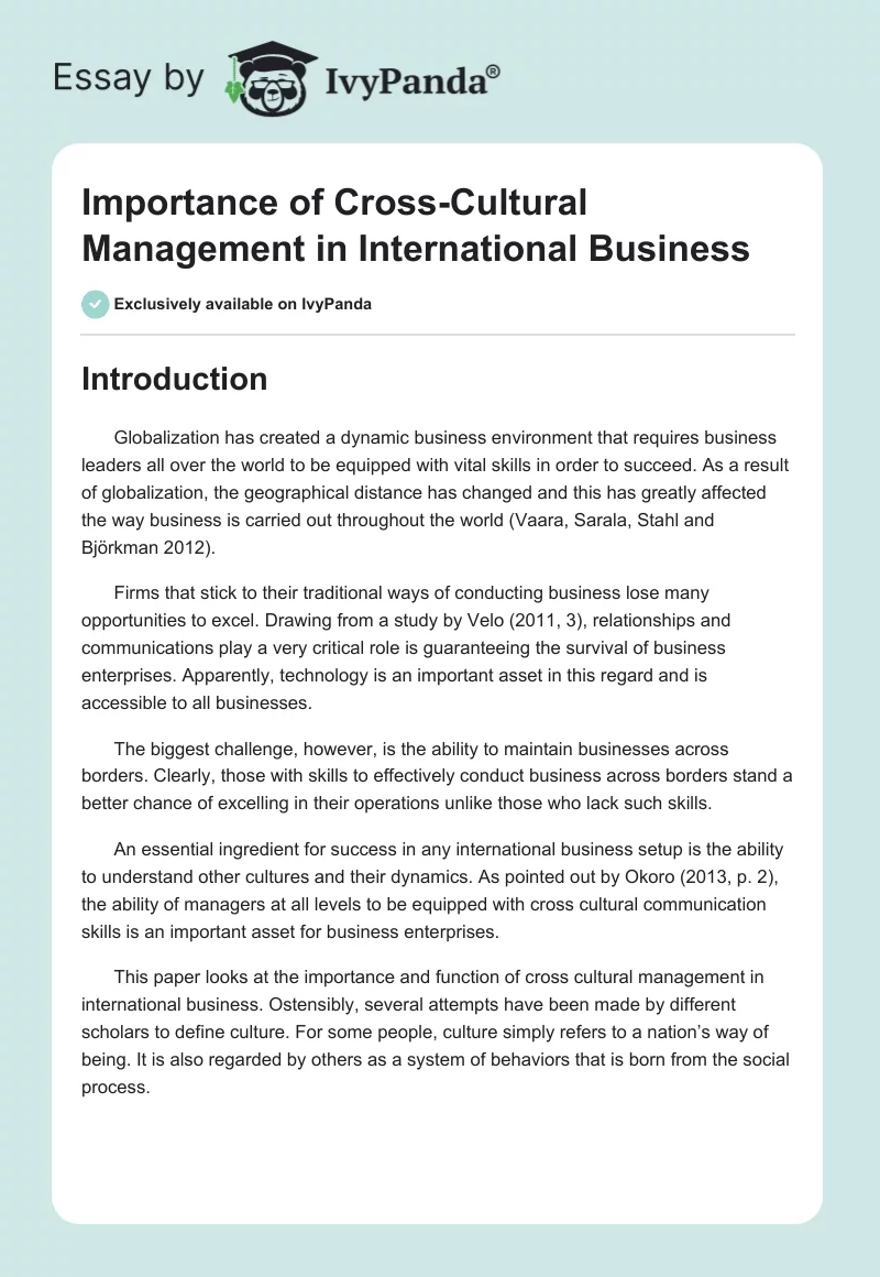 Importance of Cross-Cultural Management in International Business. Page 1