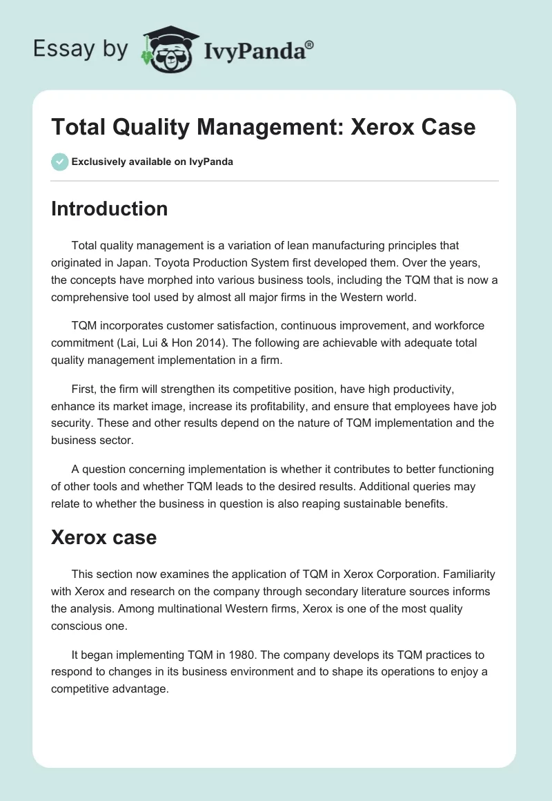Total Quality Management: Xerox Case. Page 1