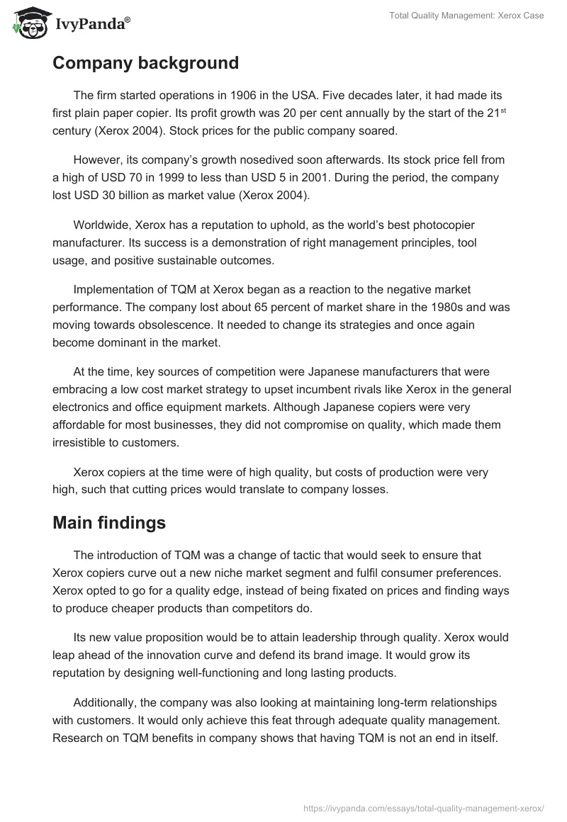 Total Quality Management: Xerox Case. Page 2