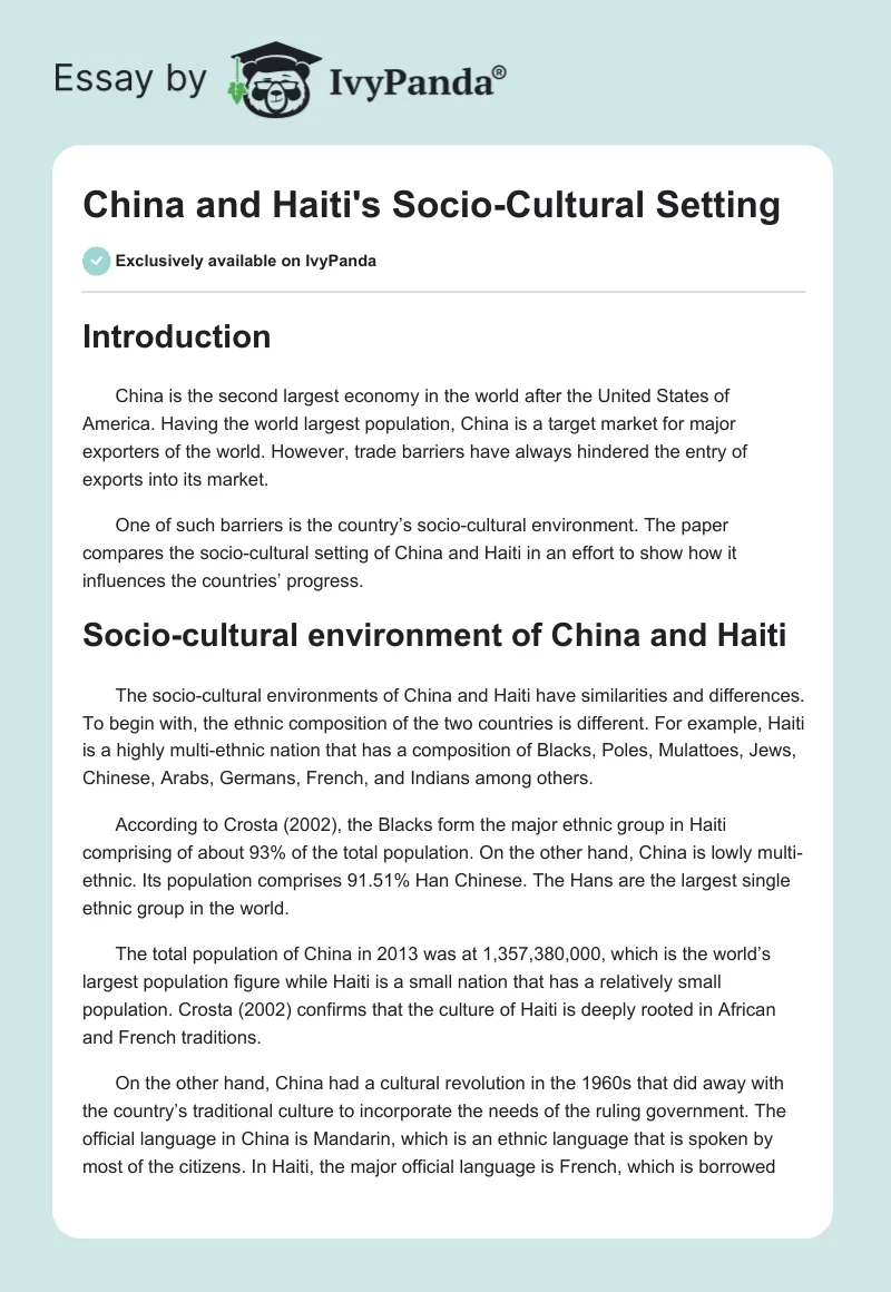 China and Haiti's Socio-Cultural Setting. Page 1